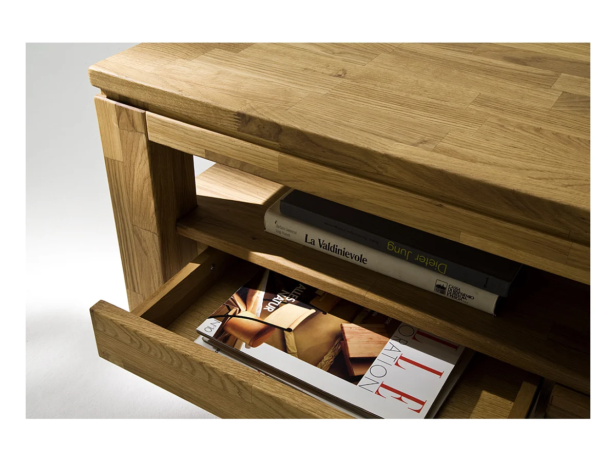 Table basse avec 2 tiroirs en chêne noueux huilé - L115 x H45 x P70 cm