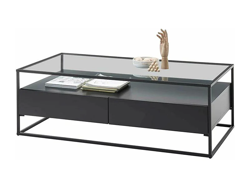 Table basse avec rangements en bois et métal coloris noir mat - L.120 x H.40 x P.60 cm