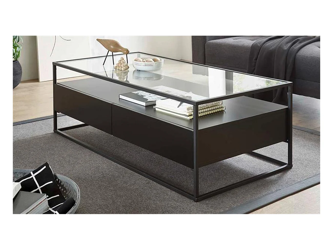 Table basse avec rangements en bois et métal coloris noir mat - L.120 x H.40 x P.60 cm