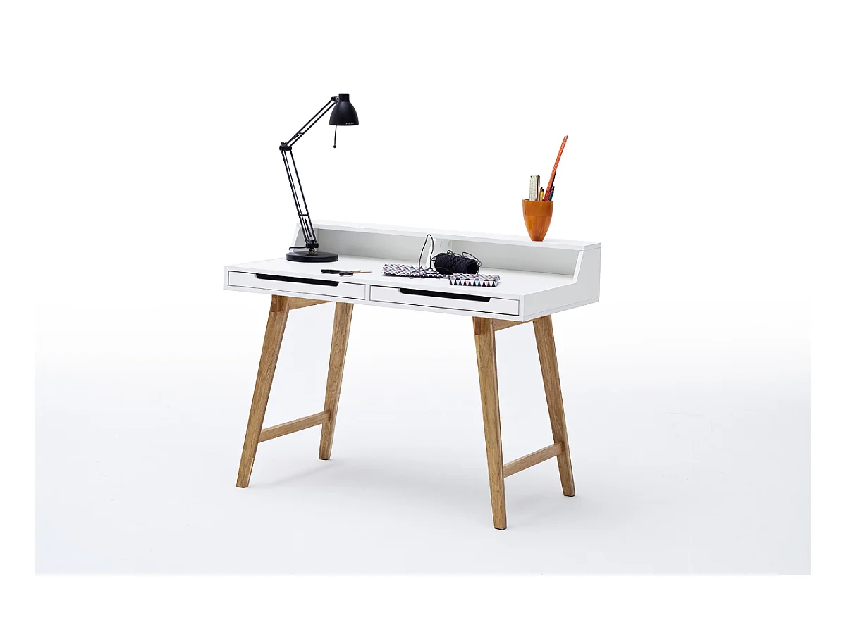 Bureau laqué blanc mat avec pieds en bois massif - L110 x H85 x P58 cm