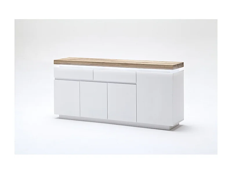 Buffet LED laqué blanc mat avec plateau en chêne noueux huilé - L175 x H81 x P40 cm