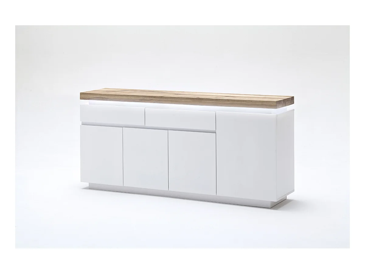 Buffet LED laqué blanc mat avec plateau en chêne noueux huilé - L175 x H81 x P40 cm
