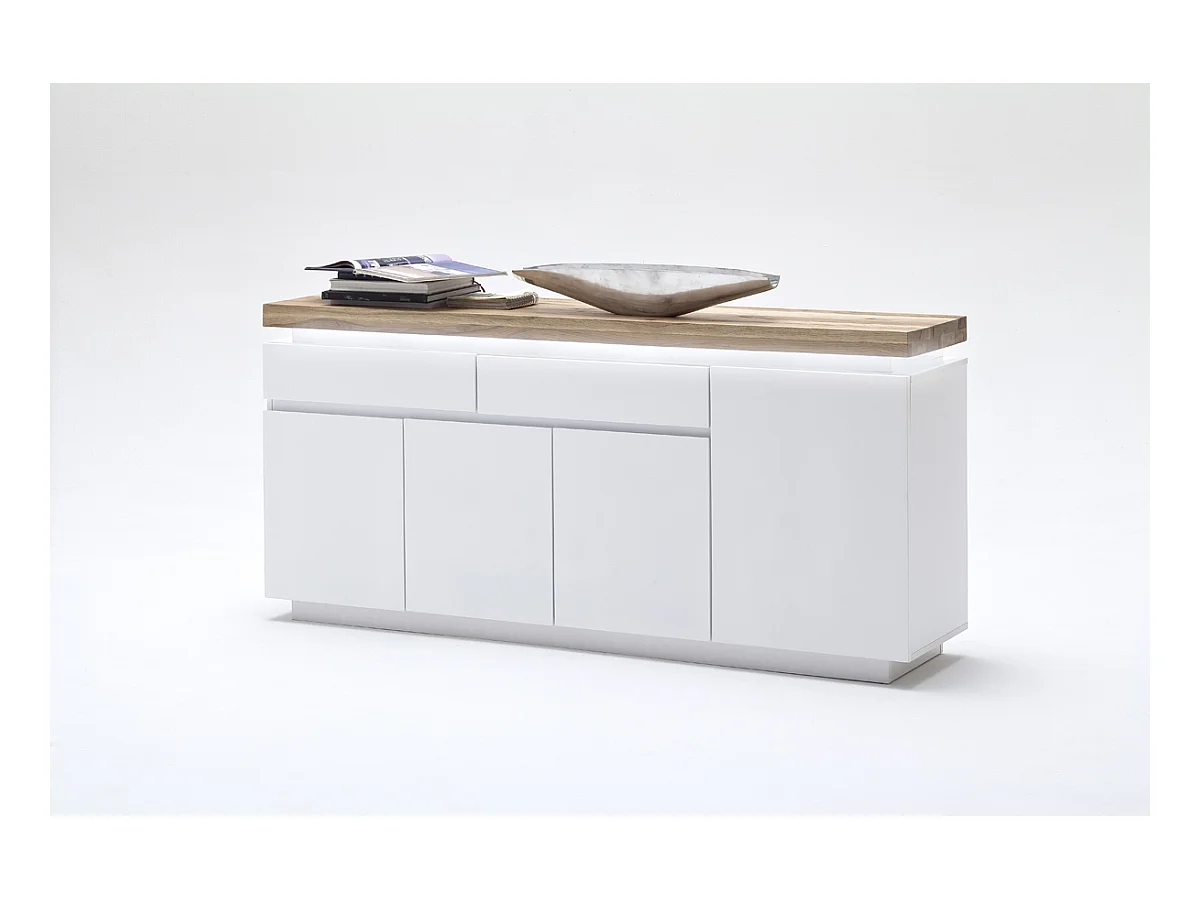 Buffet LED laqué blanc mat avec plateau en chêne noueux huilé - L175 x H81 x P40 cm