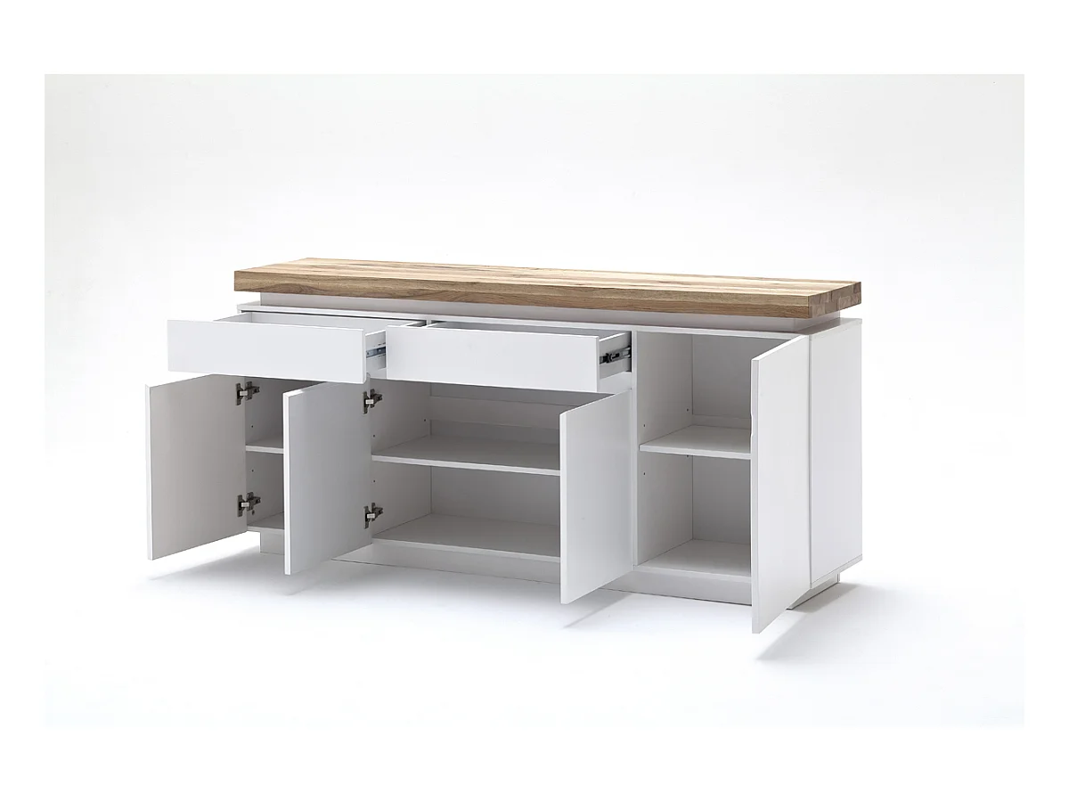 Buffet LED laqué blanc mat avec plateau en chêne noueux huilé - L175 x H81 x P40 cm