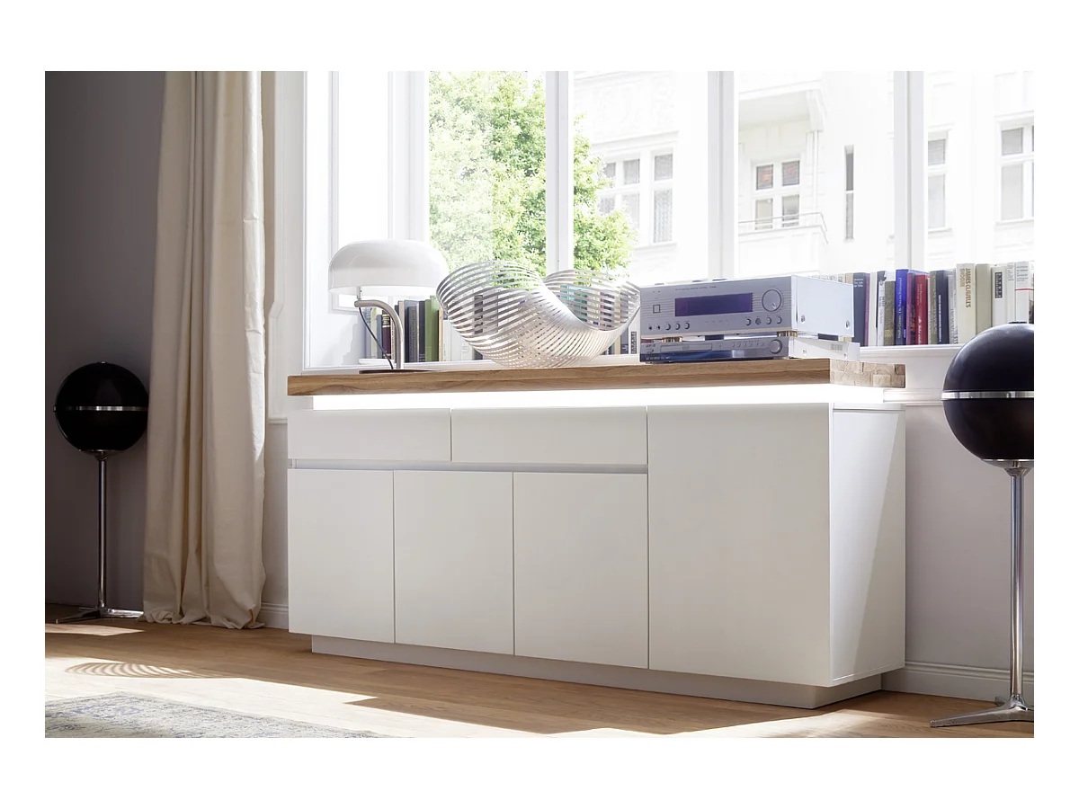 Buffet LED laqué blanc mat avec plateau en chêne noueux huilé - L175 x H81 x P40 cm