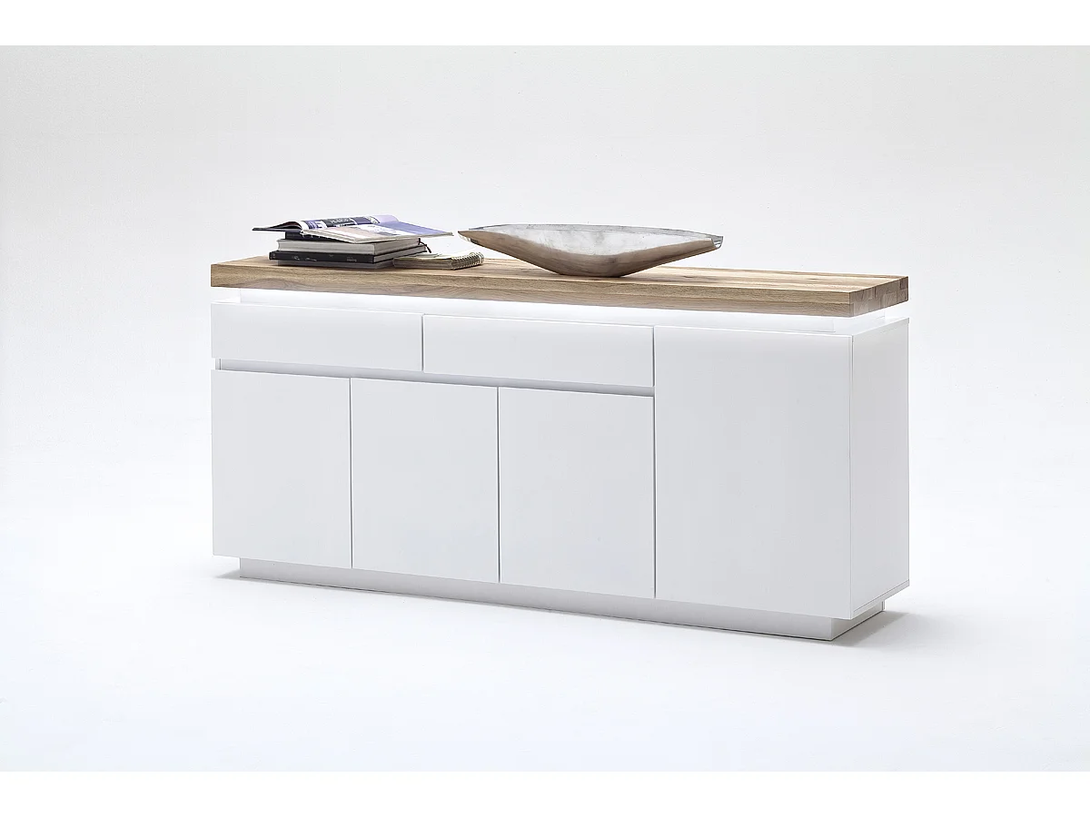 Buffet LED laqué blanc mat avec plateau en chêne noueux huilé - L175 x H81 x P40 cm