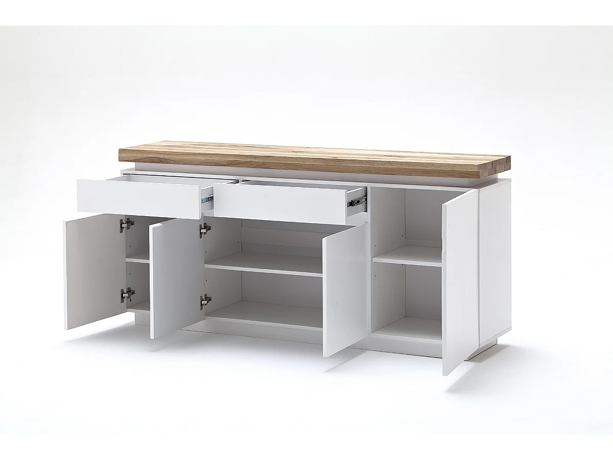 Buffet LED laqué blanc mat avec plateau en chêne noueux huilé - L175 x H81 x P40 cm