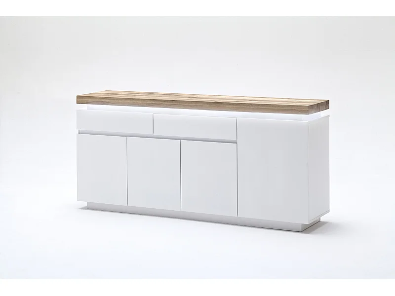 Buffet LED laqué blanc mat avec plateau en chêne noueux huilé - L175 x H81 x P40 cm