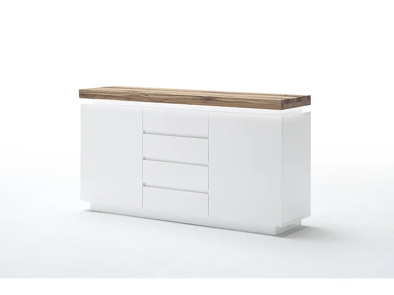 Buffet LED laqué blanc mat avec plateau en chêne noueux huilé - L150 x H81 x P40 cm