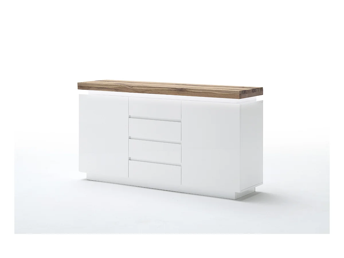 Buffet LED laqué blanc mat avec plateau en chêne noueux huilé - L150 x H81 x P40 cm
