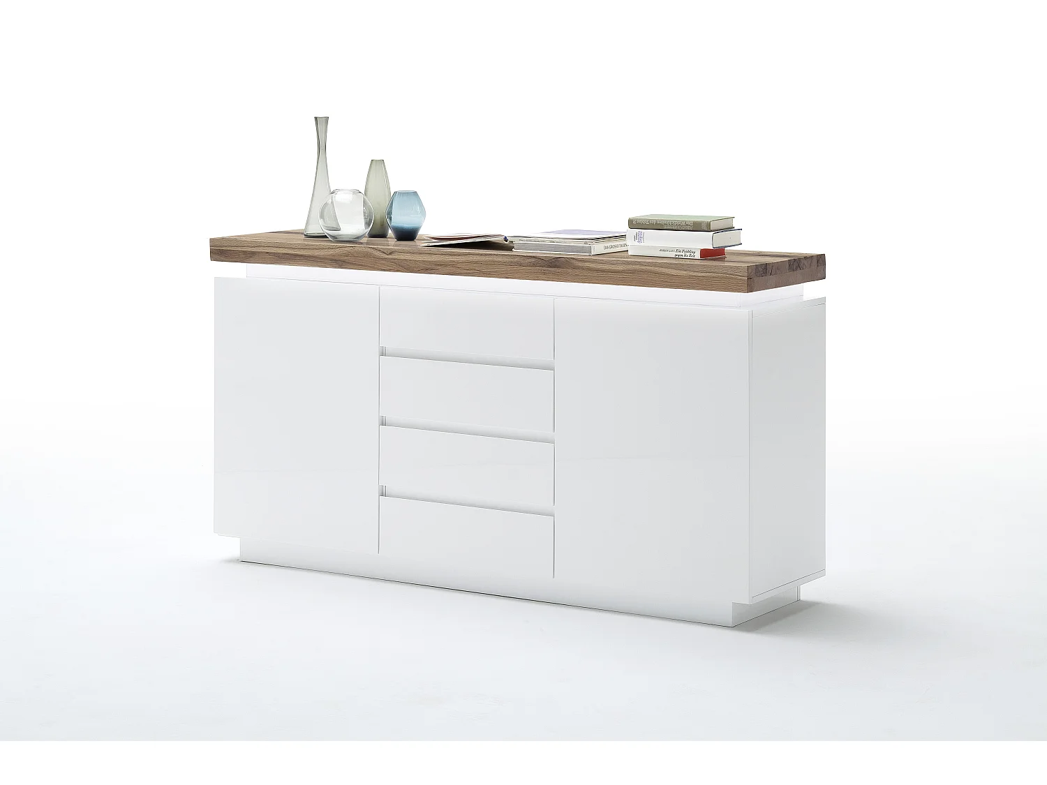 Buffet LED laqué blanc mat avec plateau en chêne noueux huilé - L150 x H81 x P40 cm