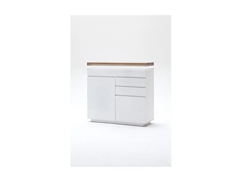 Buffet avec LED coloris laqué blanc mat avec plateau en chêne noueux huilé - L120 x H114 x P40 cm