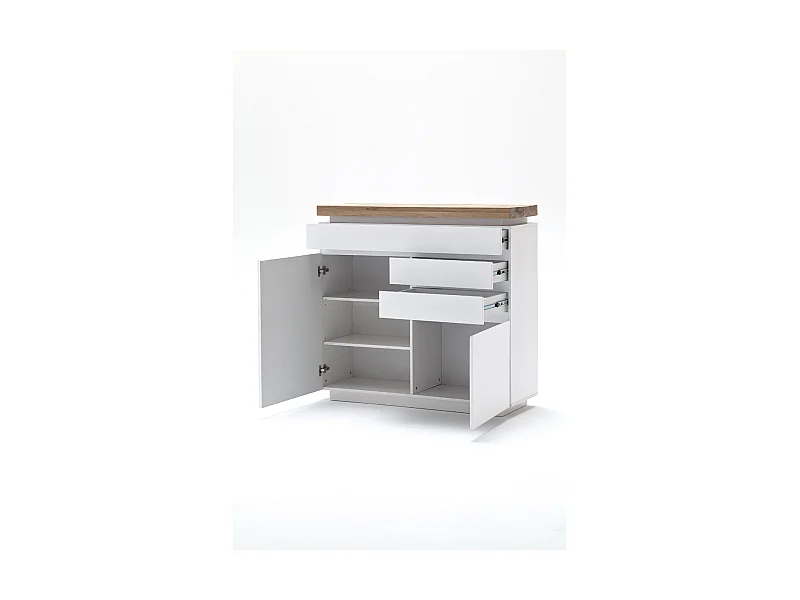 Buffet avec LED coloris laqué blanc mat avec plateau en chêne noueux huilé - L120 x H114 x P40 cm