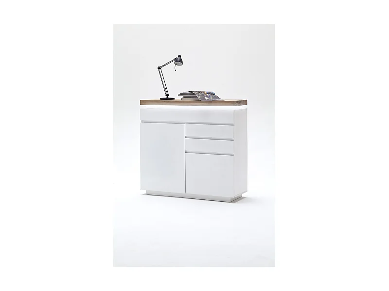 Buffet avec LED coloris laqué blanc mat avec plateau en chêne noueux huilé - L120 x H114 x P40 cm