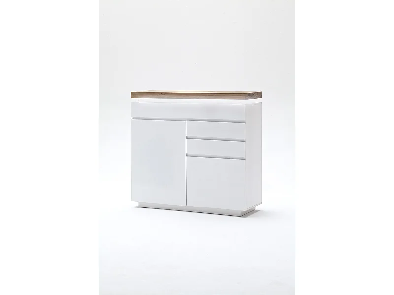 Buffet avec LED coloris laqué blanc mat avec plateau en chêne noueux huilé - L120 x H114 x P40 cm
