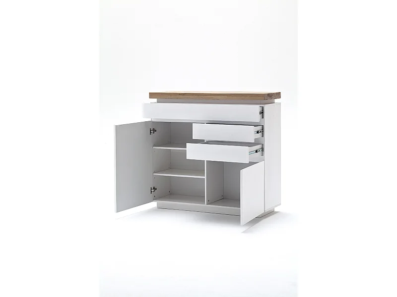 Buffet avec LED coloris laqué blanc mat avec plateau en chêne noueux huilé - L120 x H114 x P40 cm