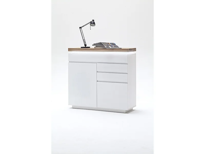Buffet avec LED coloris laqué blanc mat avec plateau en chêne noueux huilé - L120 x H114 x P40 cm