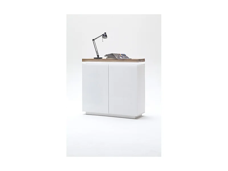 Buffet avec LED coloris blanc mat avec plateau en chêne noueux huilé - L120 x H114 x P40 cm