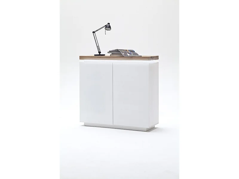 Buffet avec LED coloris blanc mat avec plateau en chêne noueux huilé - L120 x H114 x P40 cm