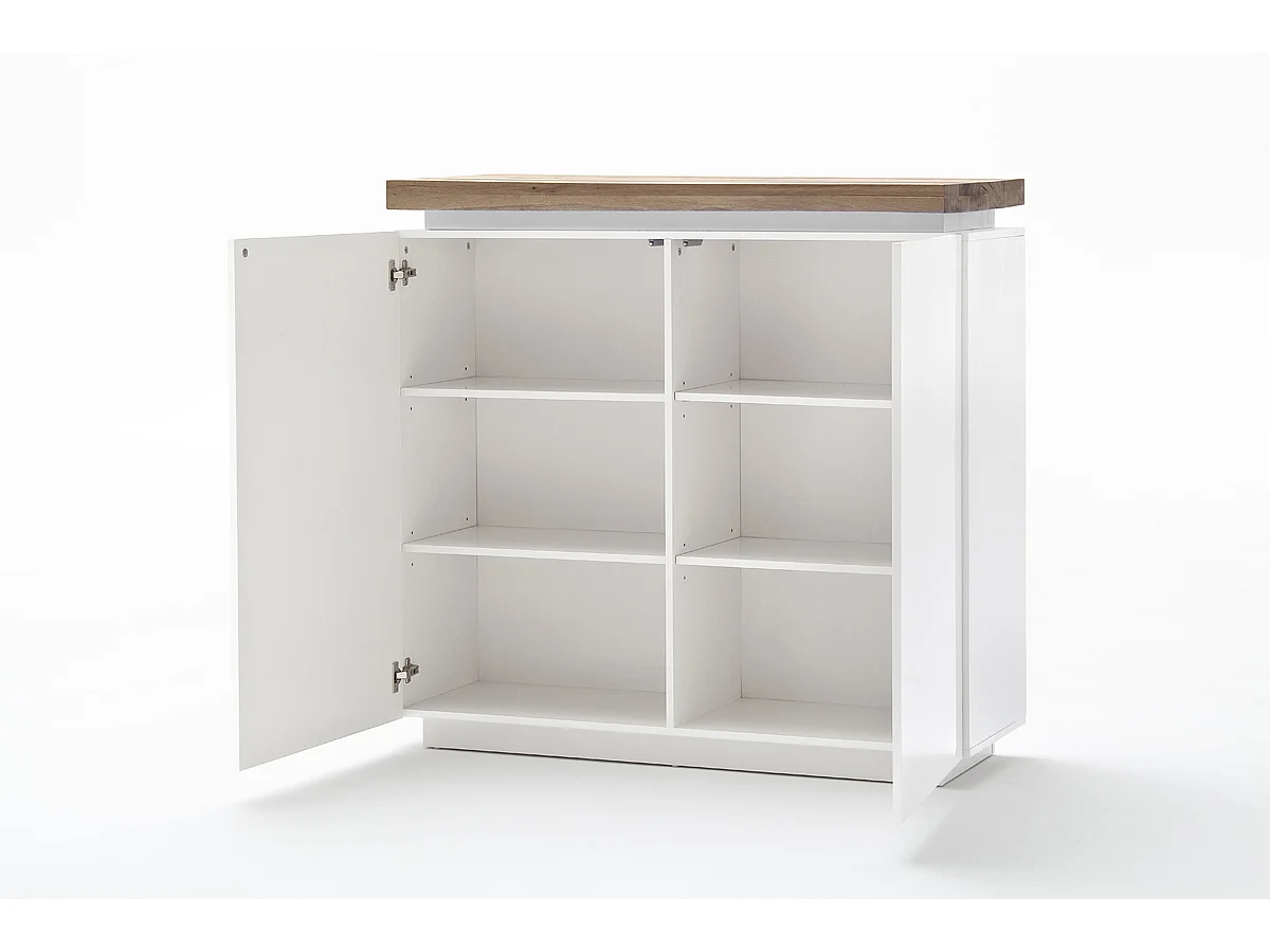 Buffet avec LED coloris blanc mat avec plateau en chêne noueux huilé - L120 x H114 x P40 cm