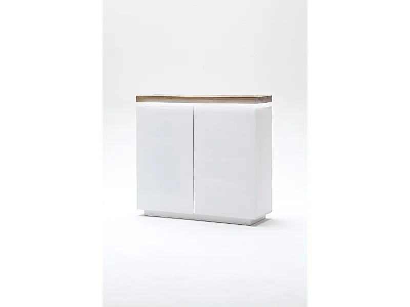 Buffet avec LED coloris blanc mat avec plateau en chêne noueux huilé - L120 x H114 x P40 cm