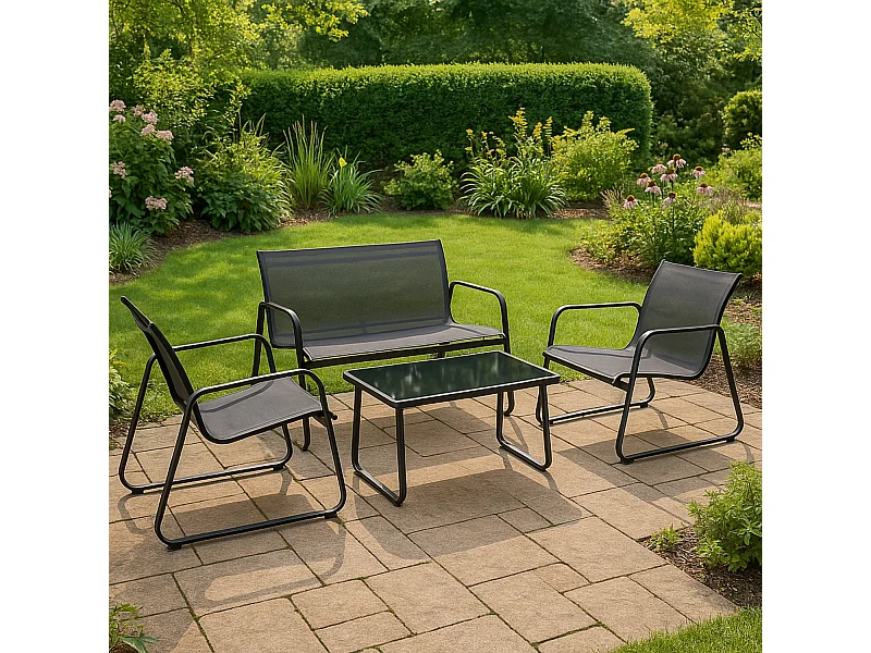 Salon de jardin 4 places en textilène et acier - Gris et Noir - ANNECY