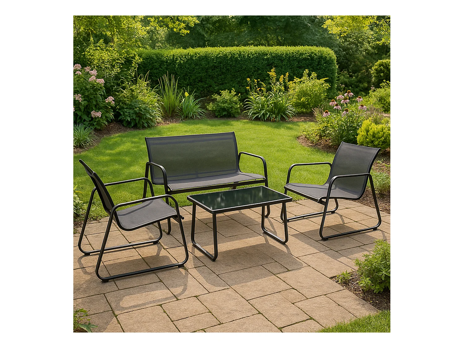 Salon de jardin 4 places en textilène et acier - Gris et Noir - ANNECY