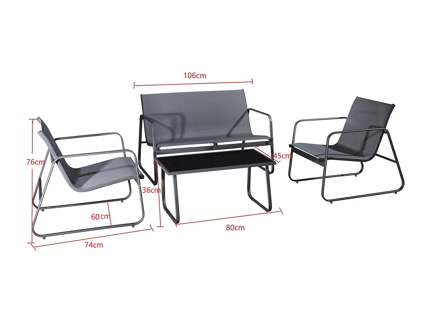 Salon de jardin 4 places en textilène et acier - Gris et Noir - ANNECY