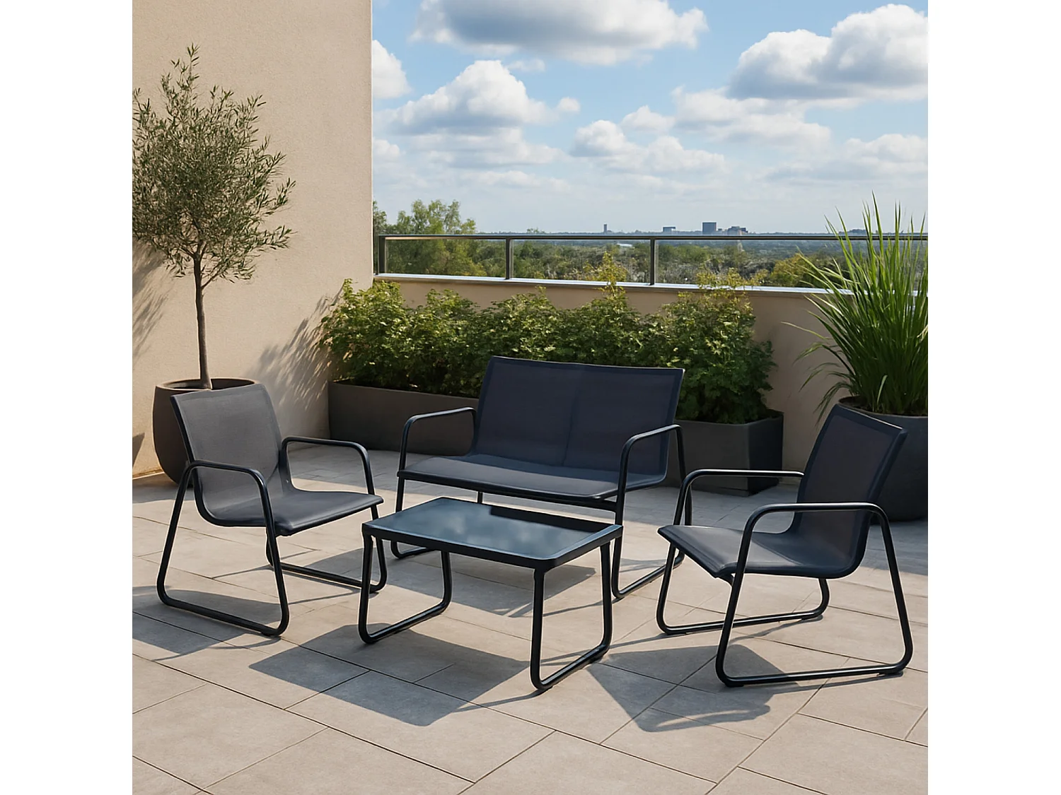 Salon de jardin 4 places en textilène et acier - Gris et Noir - ANNECY