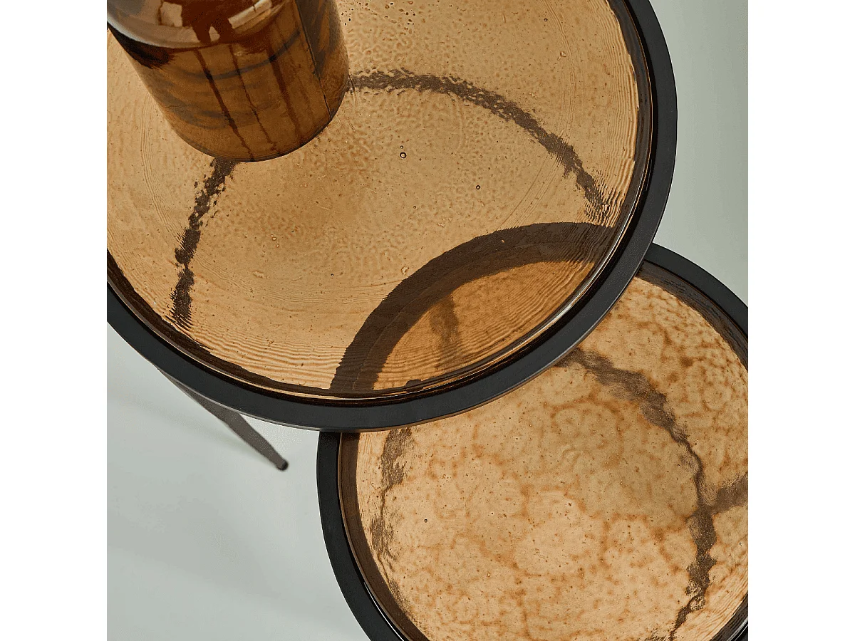 Nesttafeltjes voor bij de bank van gerookt glas en zwart metaal D44 cm - IGLOO