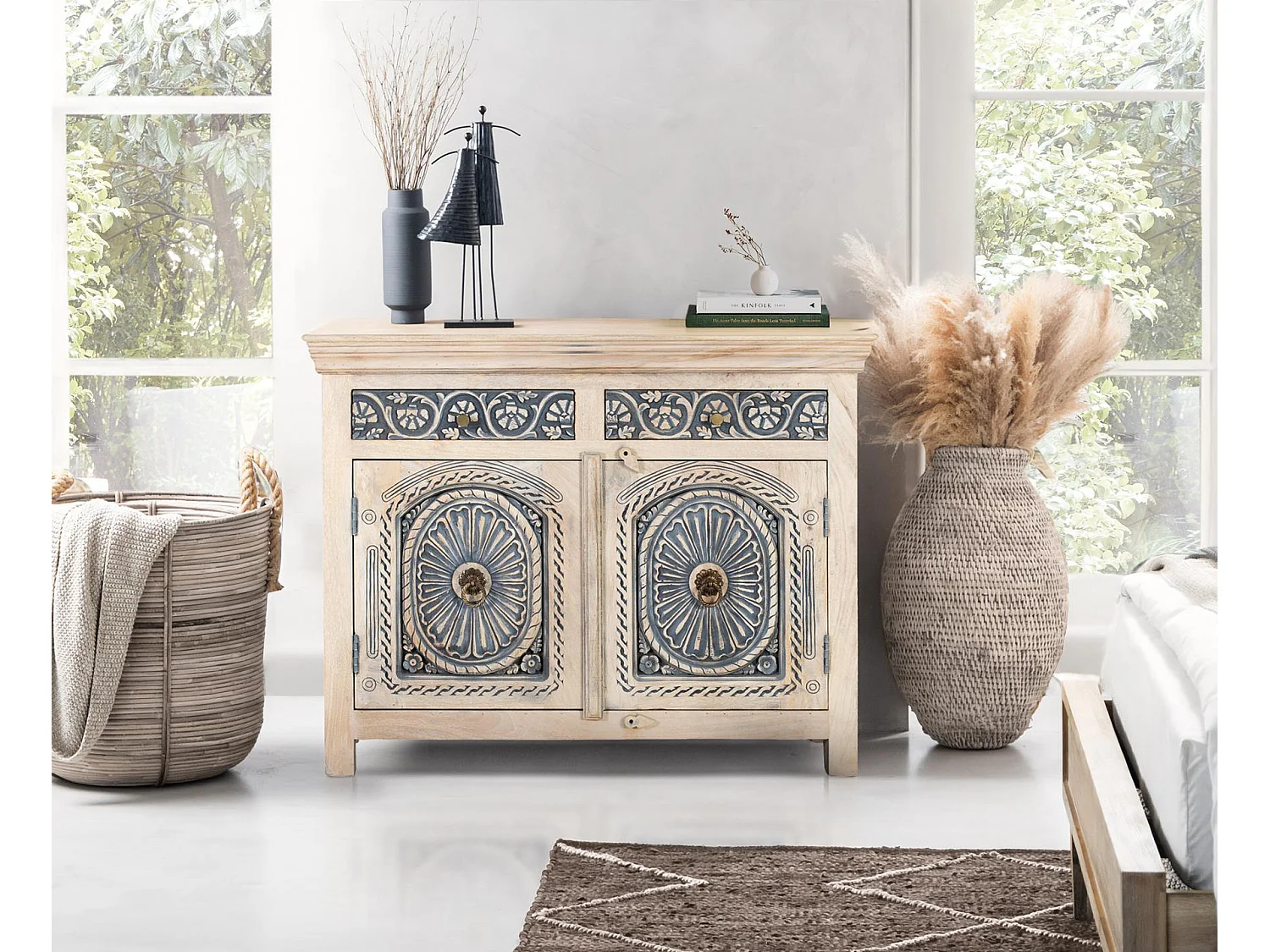 Buffet en bois de manguier de style méditerranéen moderne - 90 x 116 x 40