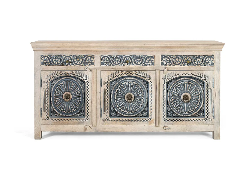 Aparador en madera de mango maciza con tres cajones y tres puertas