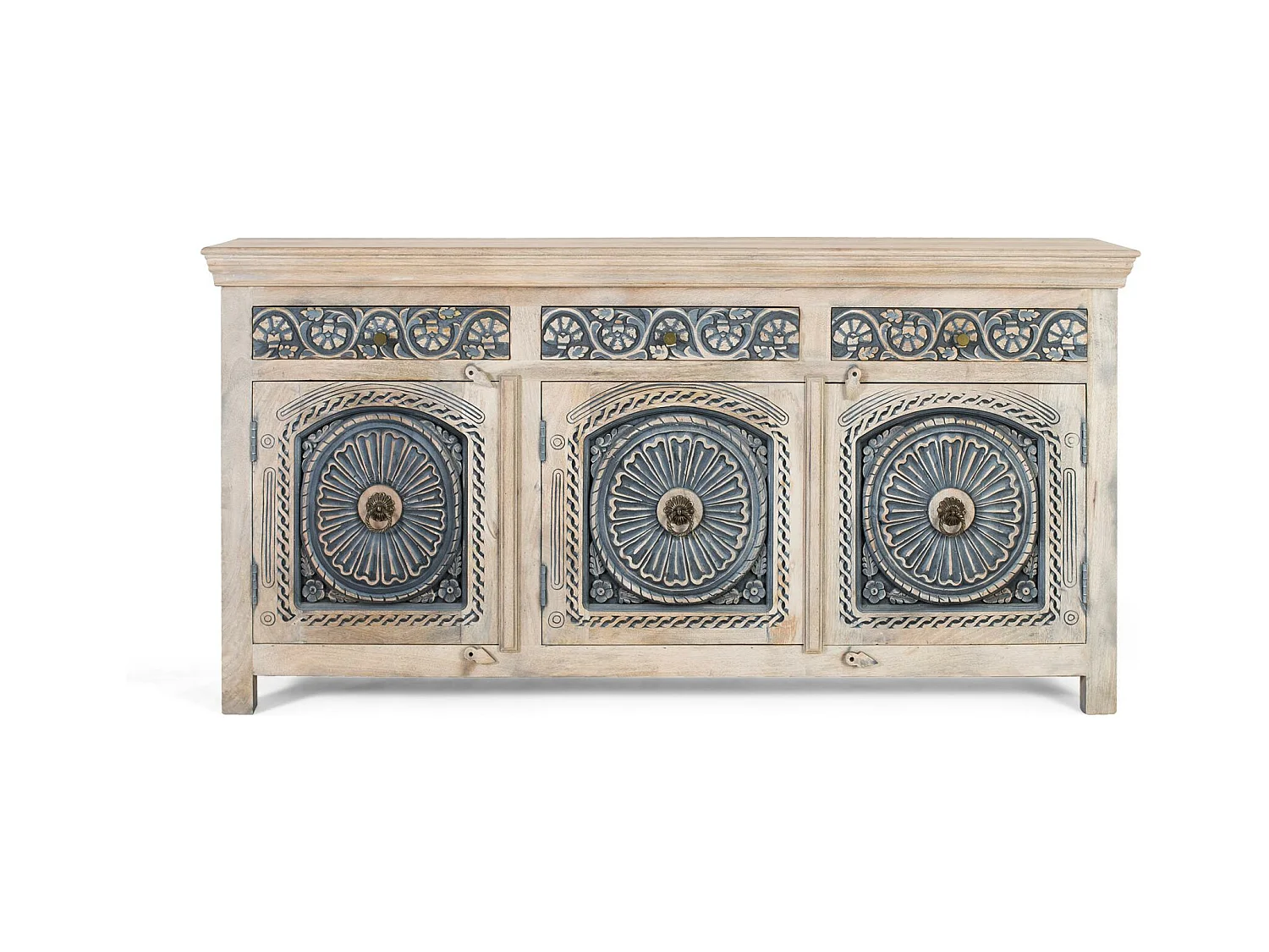 Credenza in legno massello di mango con tre cassetti e tre ante