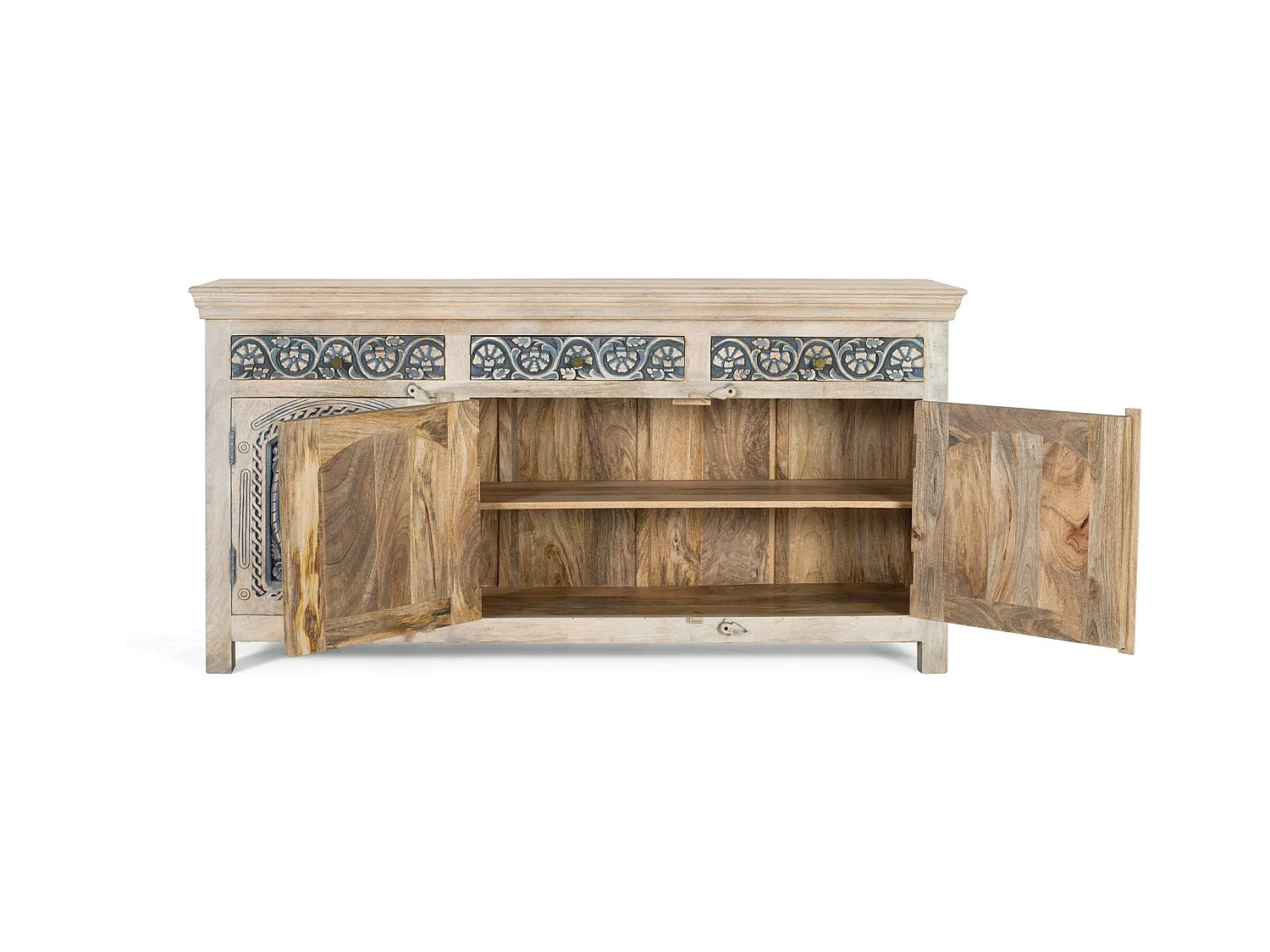 Credenza in legno massello di mango con tre cassetti e tre ante