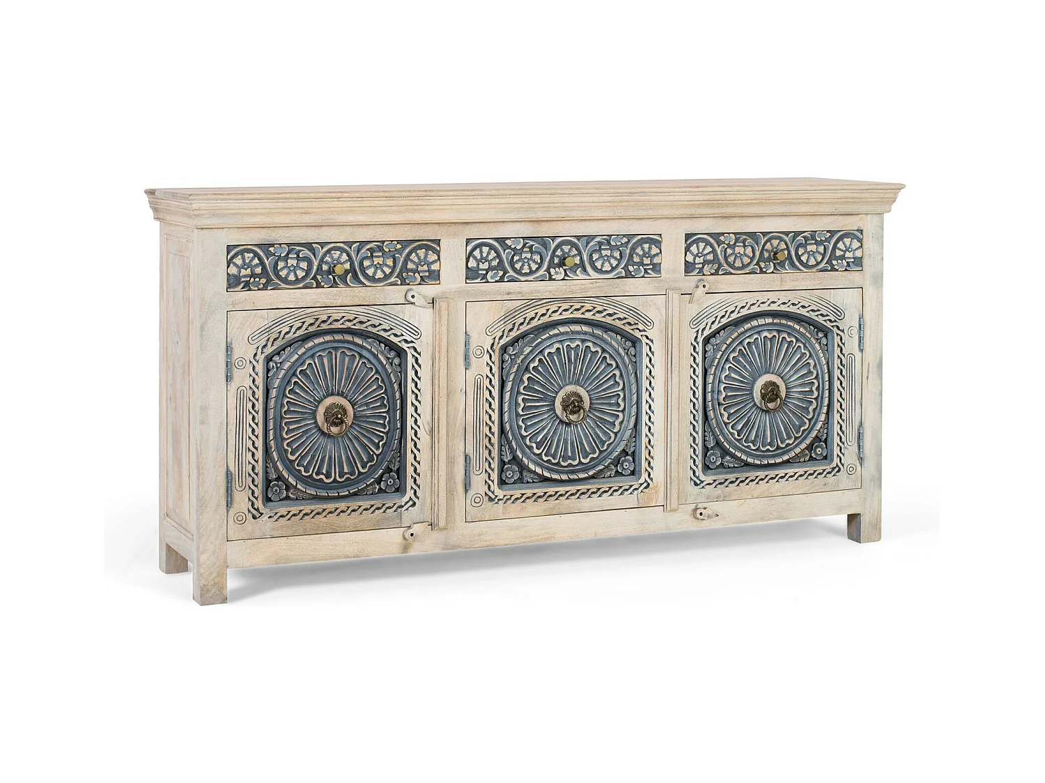 Credenza in legno massello di mango con tre cassetti e tre ante