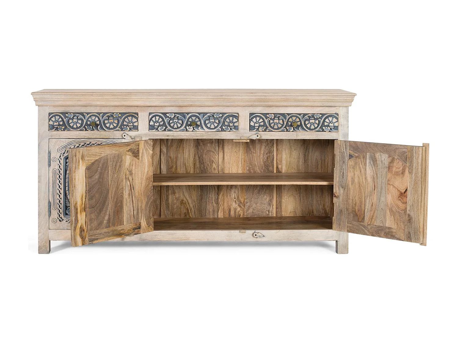 Buffet en bois de manguier massif avec trois tiroirs et trois portes