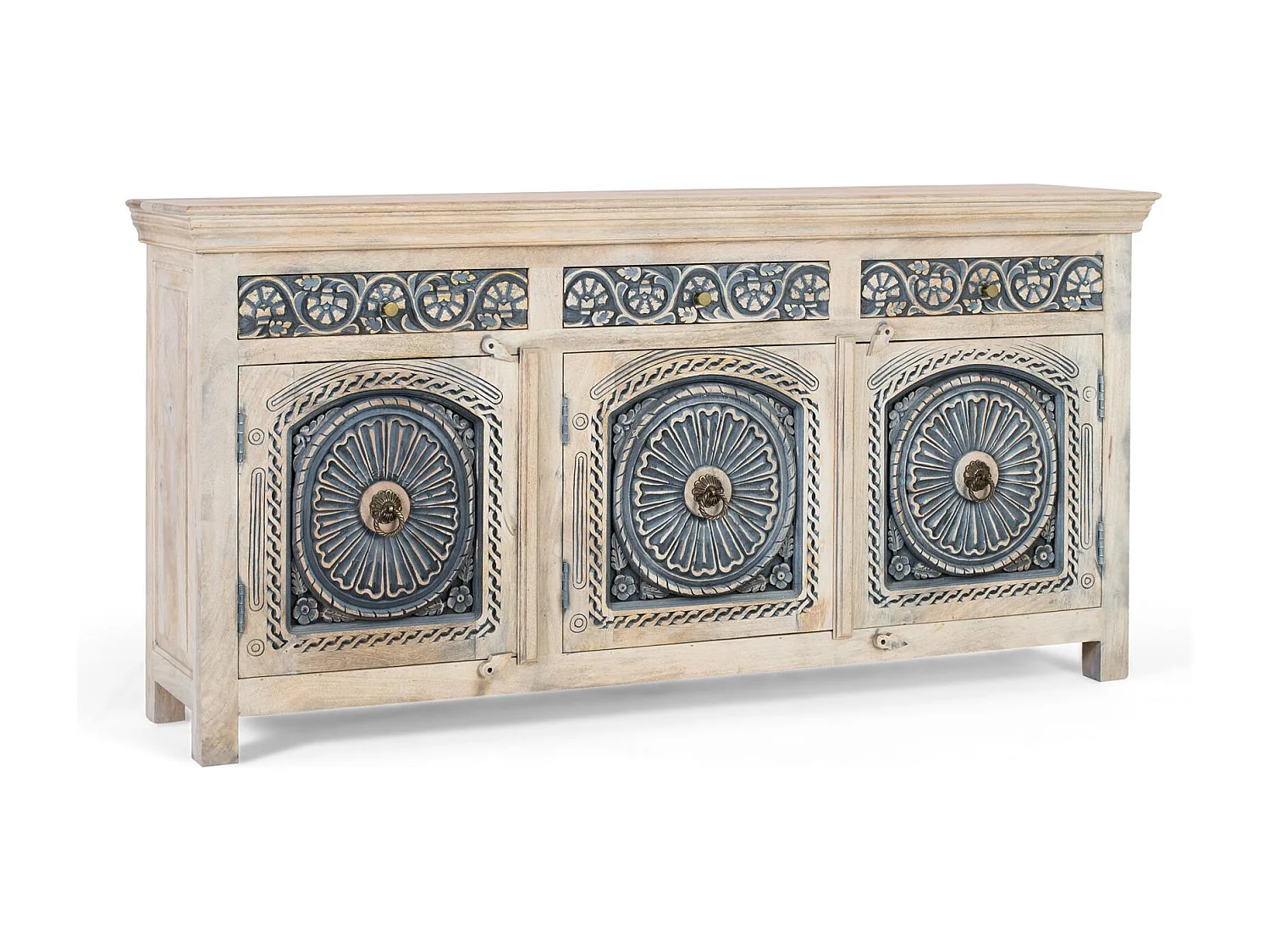 Buffet en bois de manguier massif avec trois tiroirs et trois portes