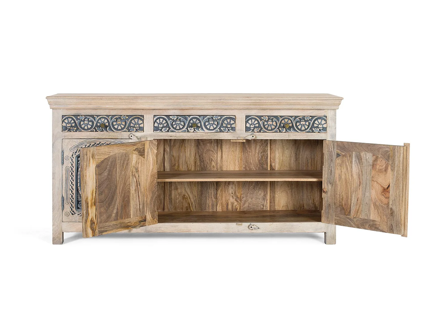 Buffet en bois de manguier massif avec trois tiroirs et trois portes