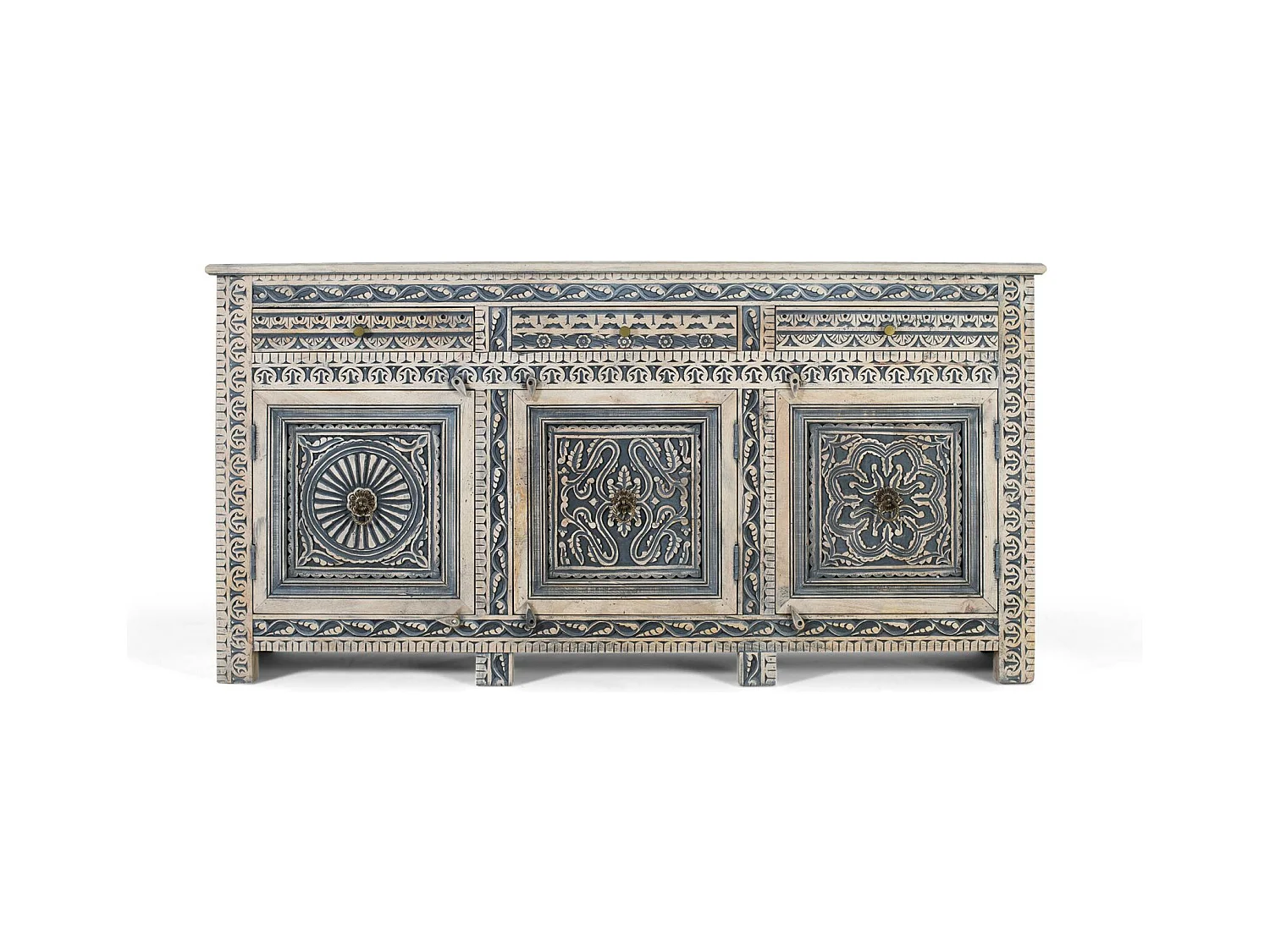 Sideboard mit drei Schubladen und vier Türen aus Sheeshamholz