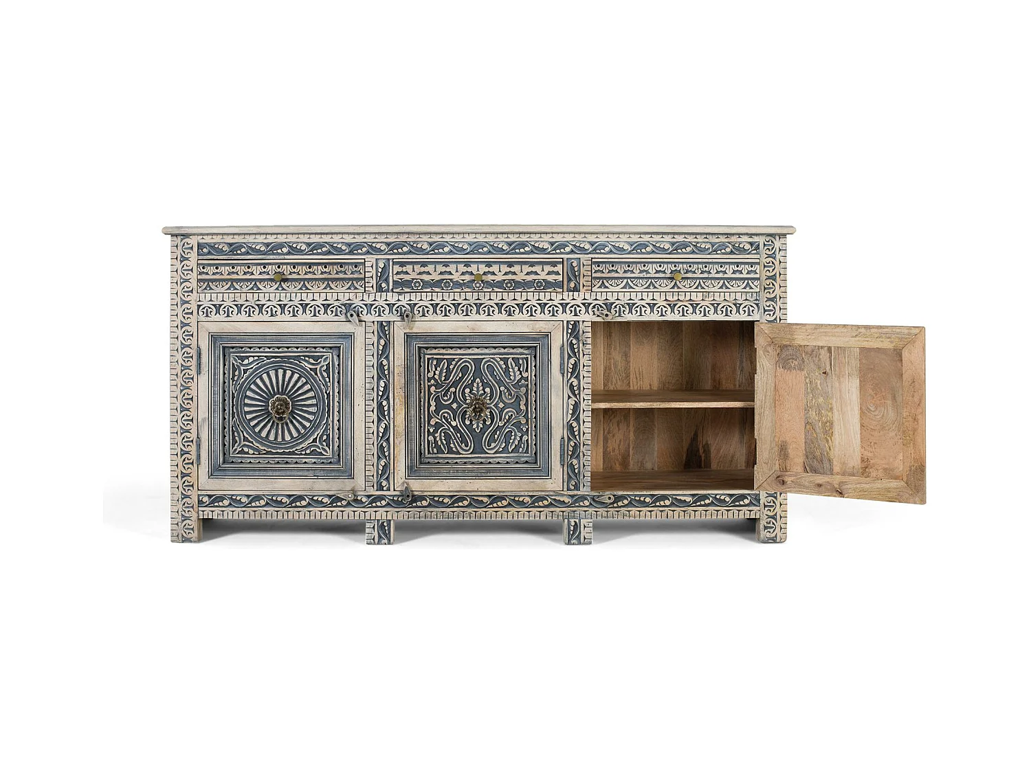 Sideboard mit drei Schubladen und vier Türen aus Sheeshamholz