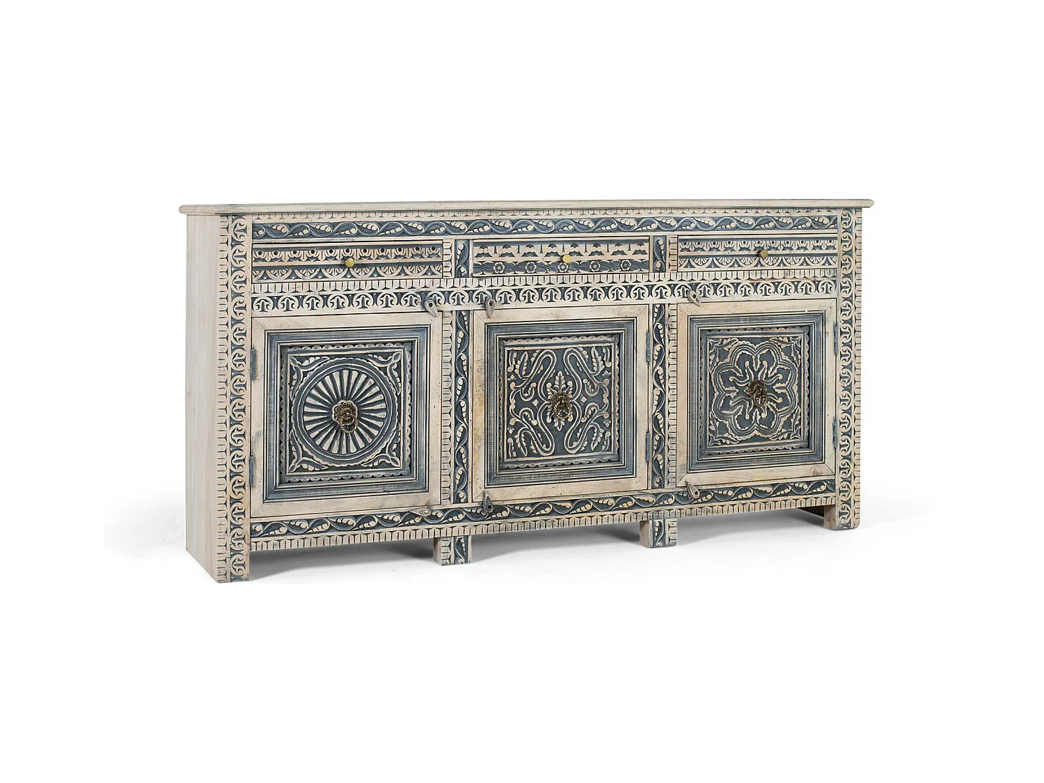 Sideboard mit drei Schubladen und vier Türen aus Sheeshamholz