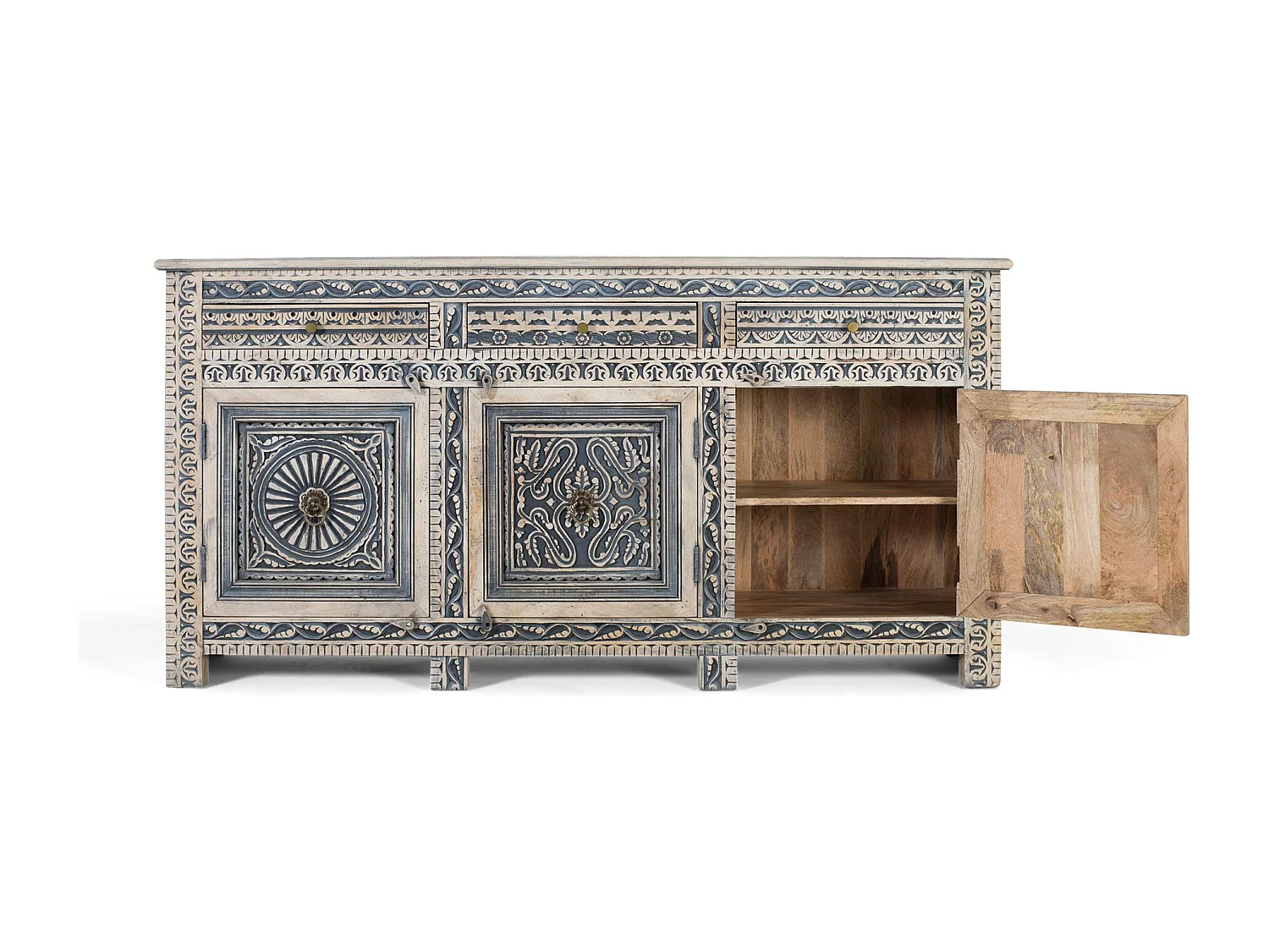 Buffet à trois tiroirs et quatre portes en bois de sheesham