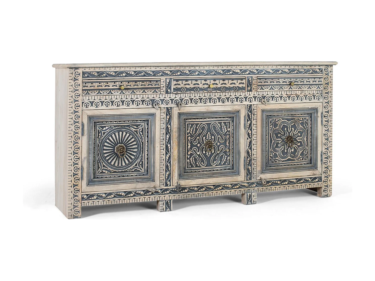 Buffet à trois tiroirs et quatre portes en bois de sheesham