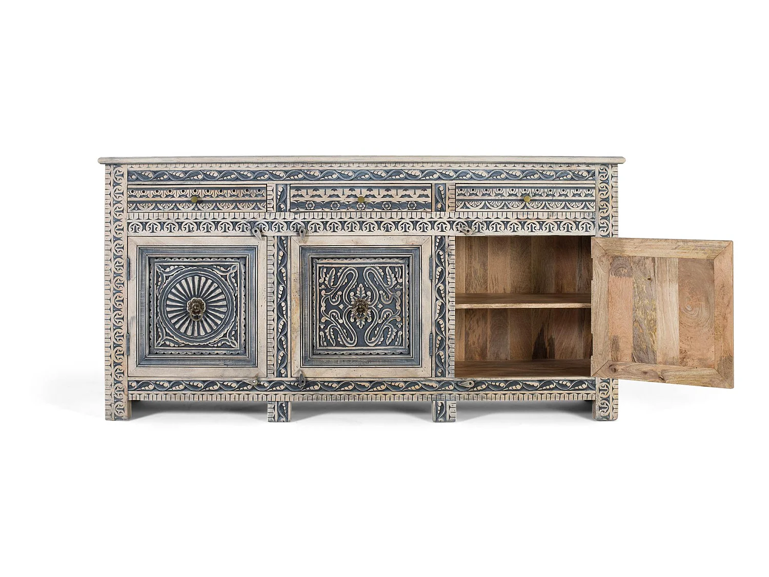 Buffet à trois tiroirs et quatre portes en bois de sheesham
