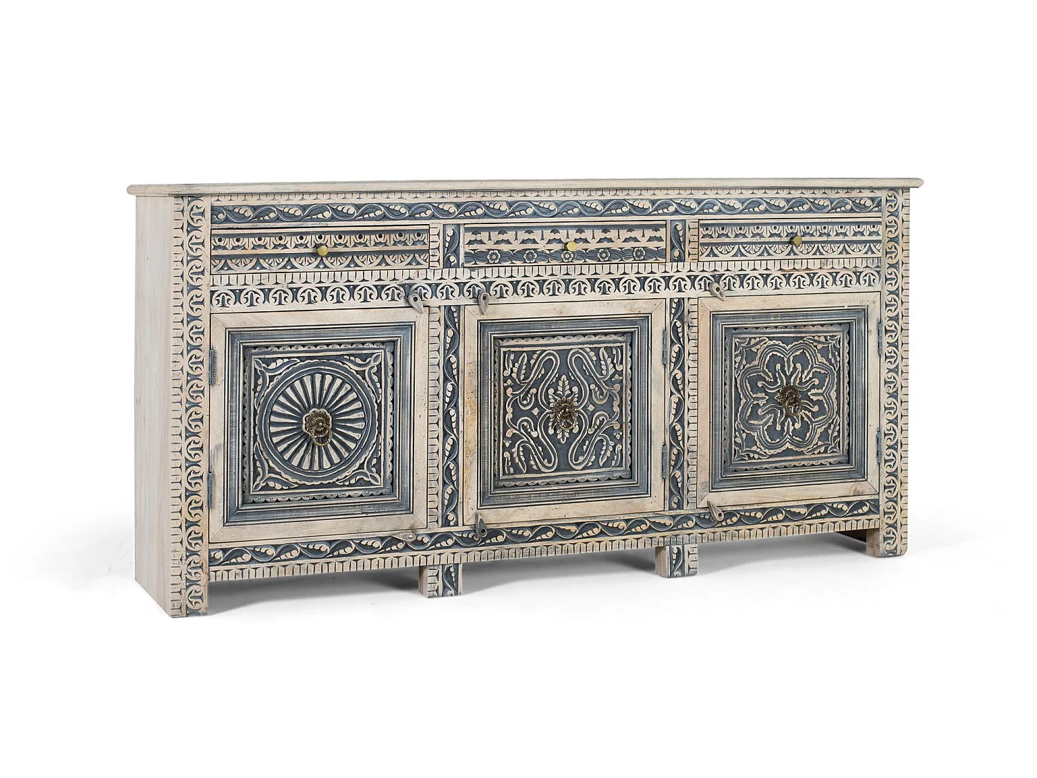 Buffet à trois tiroirs et quatre portes en bois de sheesham