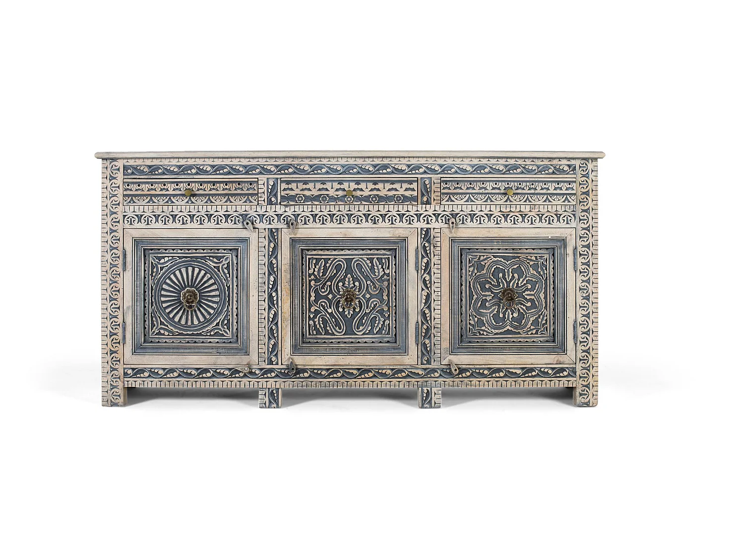 Aparador em madeira de mangueira, estilo colonial étnico, entalhado - 96x190x44