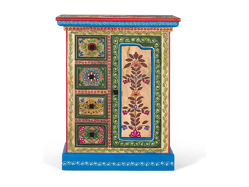 Cómoda en madera de mango con puerta decorada artesanalmente