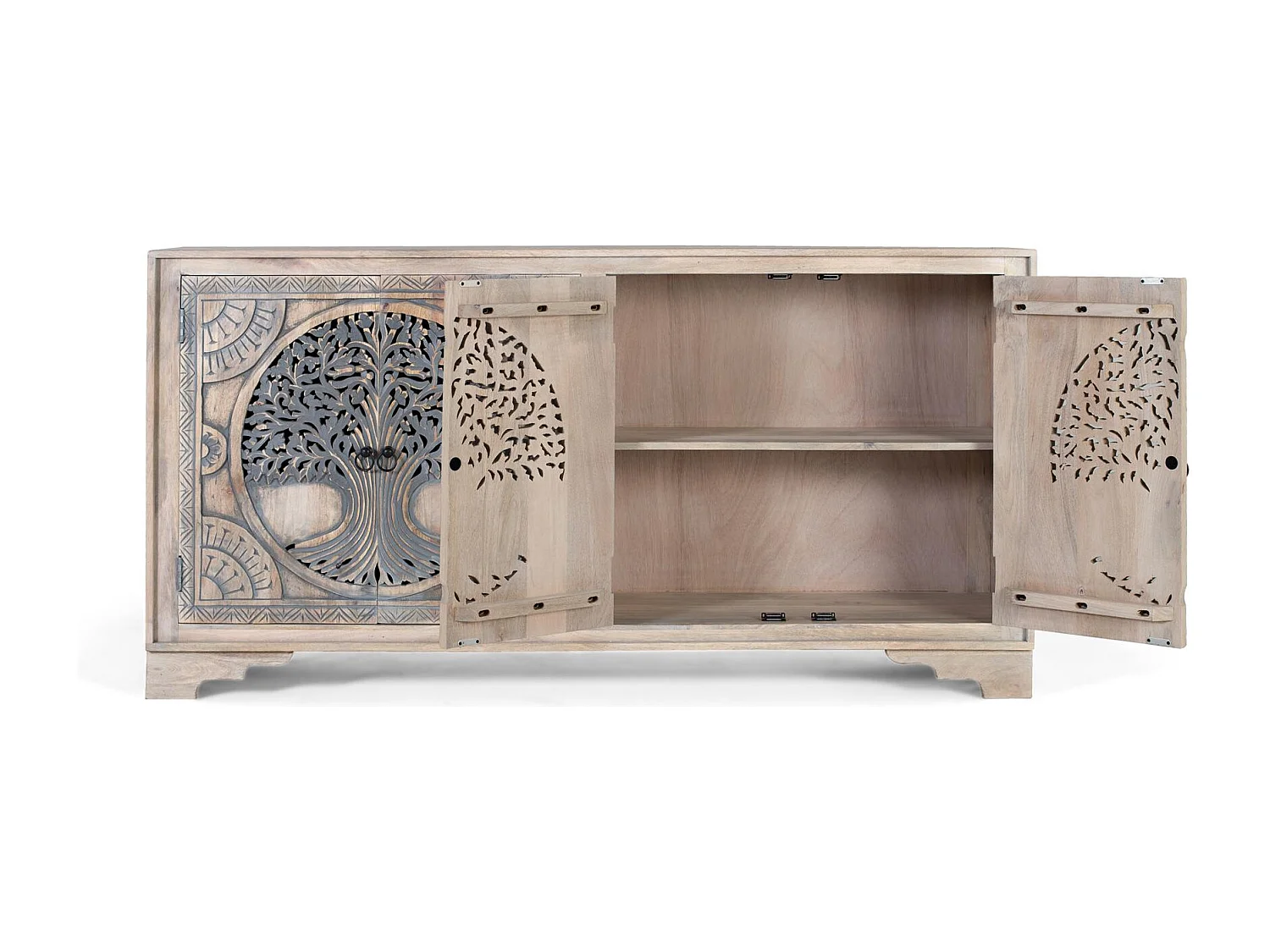 Buffet en bois de manguier avec quatre portes décorées et finition naturelle