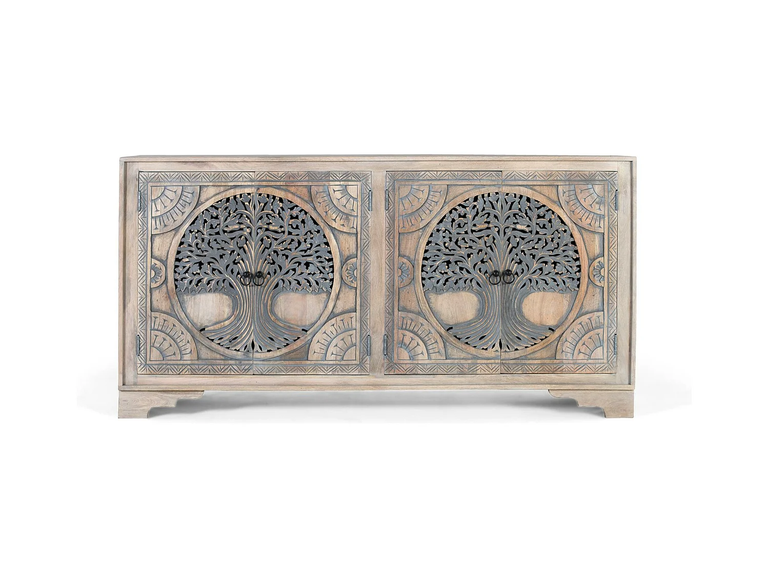 Buffet en bois de manguier avec quatre portes décorées et finition naturelle
