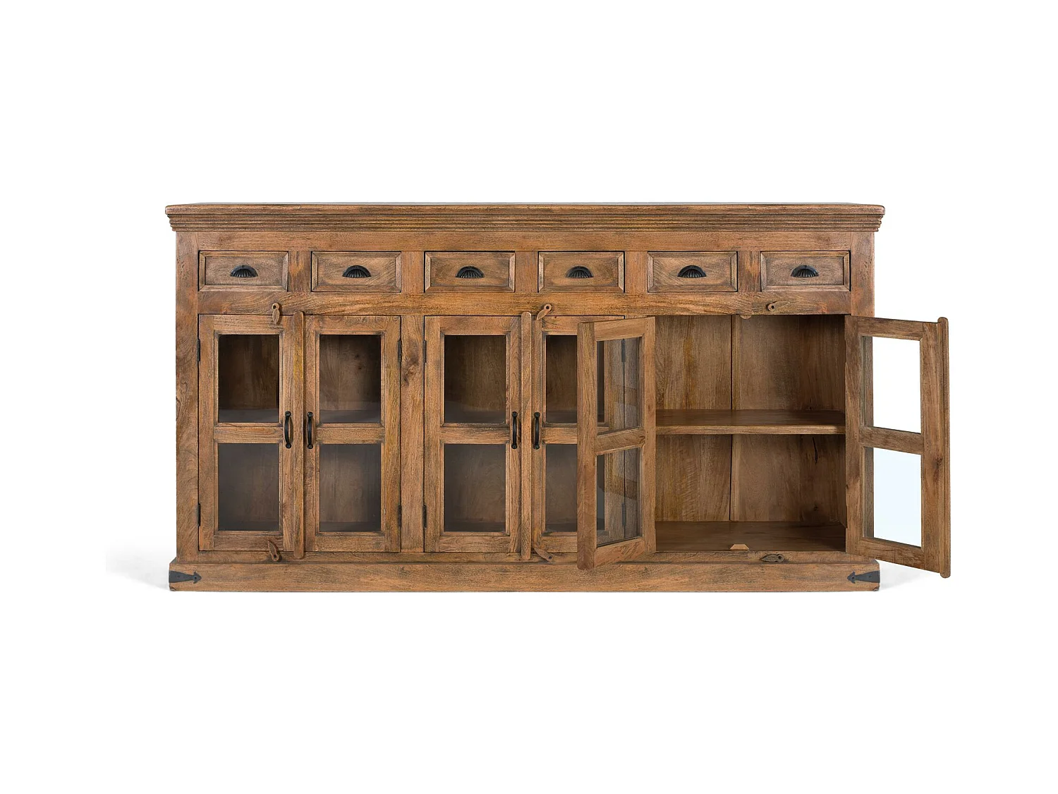 Hohes Sideboard aus Mangoholz mit handgeschnitzten Türen